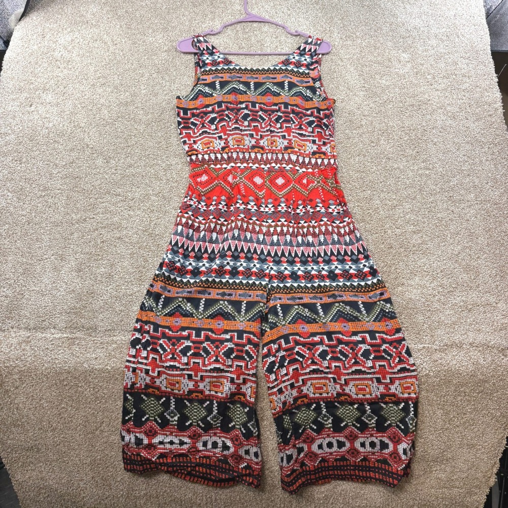 Angie Womens Medium Red Black Tribal Geometric Print Tie Back Boho Jumpsuit